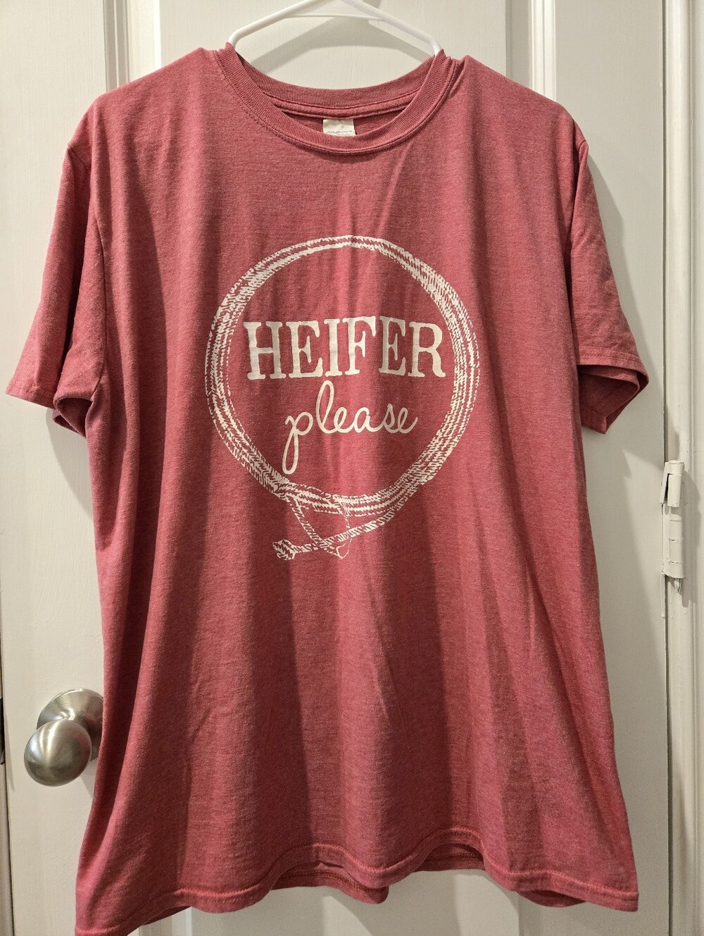 Woman's Guildan Heather Pink "Heifer Please" Tshirt. Size Large.